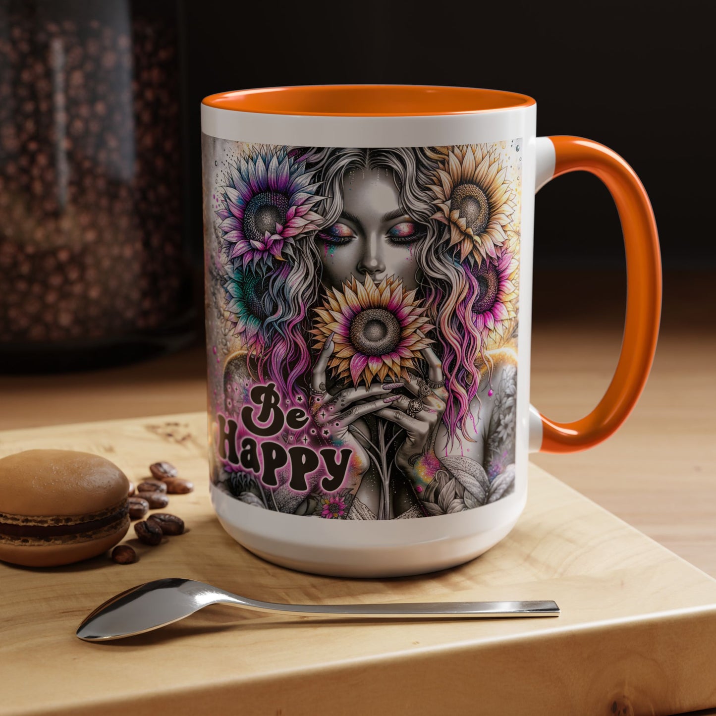 Floral Accent Mug - 'Be Happy' 15oz