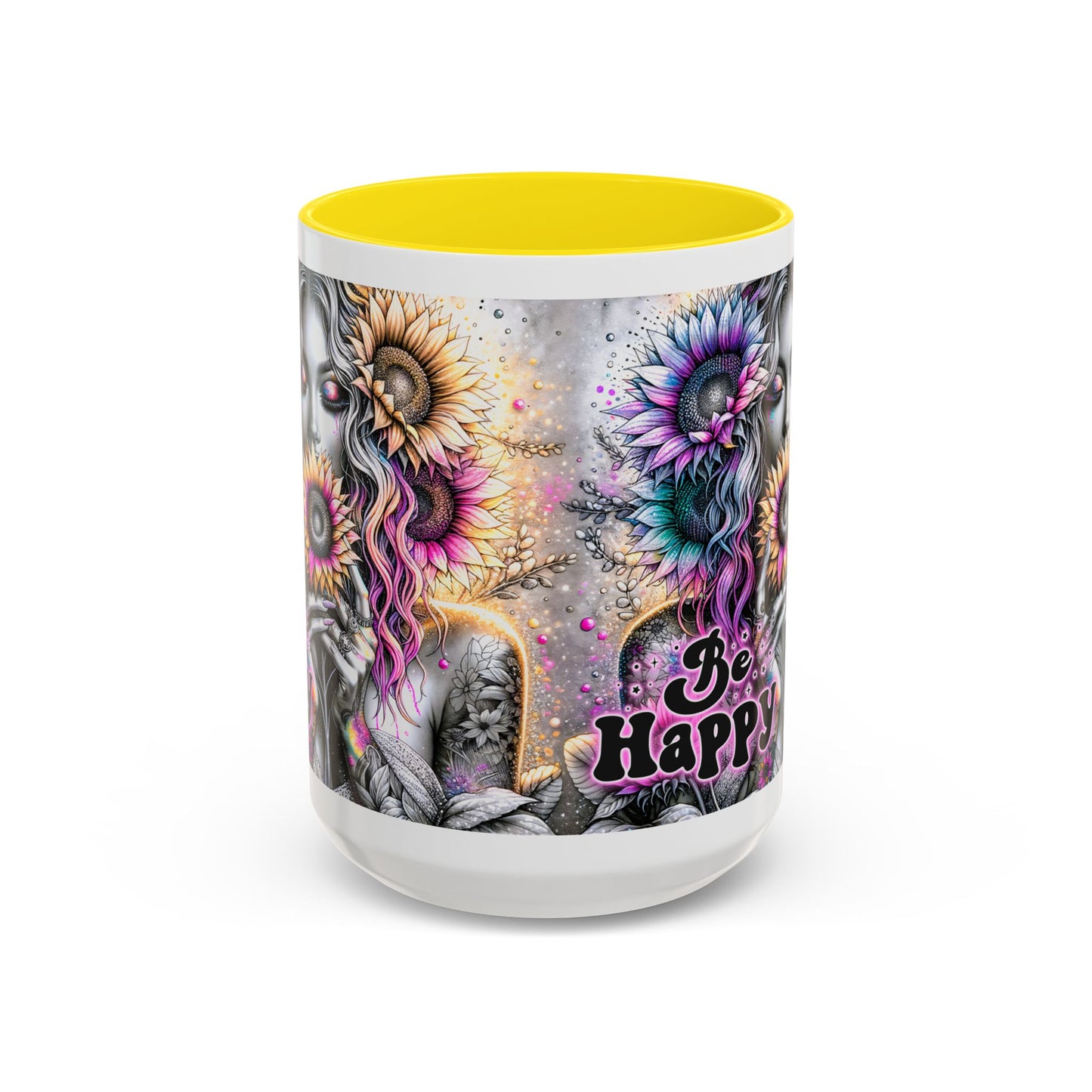 Floral Accent Mug - 'Be Happy' 15oz