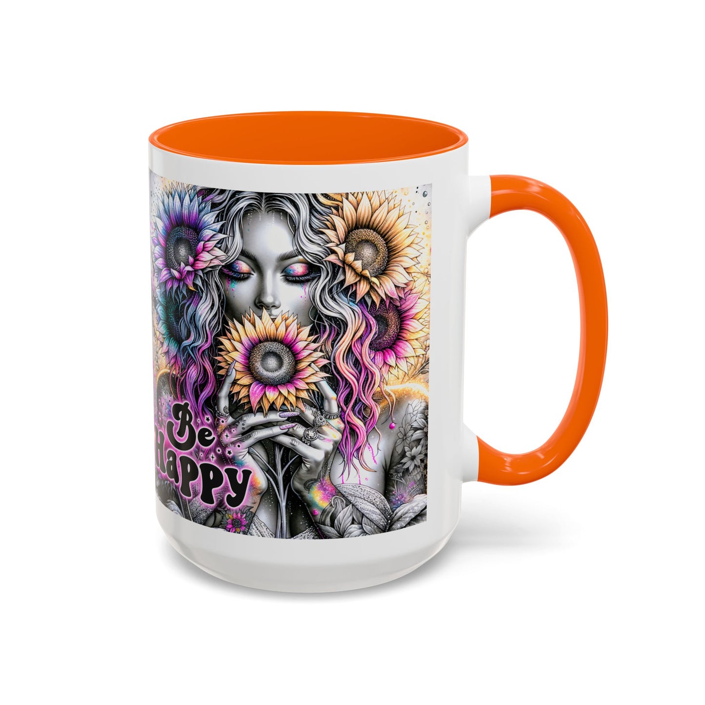 Floral Accent Mug - 'Be Happy' 15oz