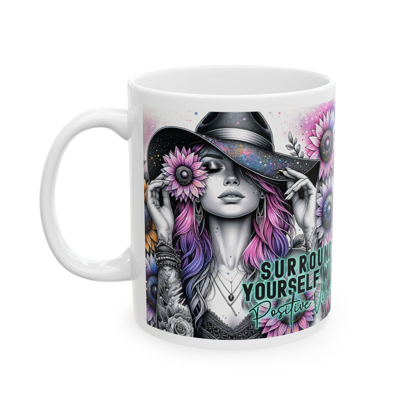 Surround Yourself With Positive Vibes Ceramic Mug - Colorful Floral Design - Ideal Gift for Coffee Lovers