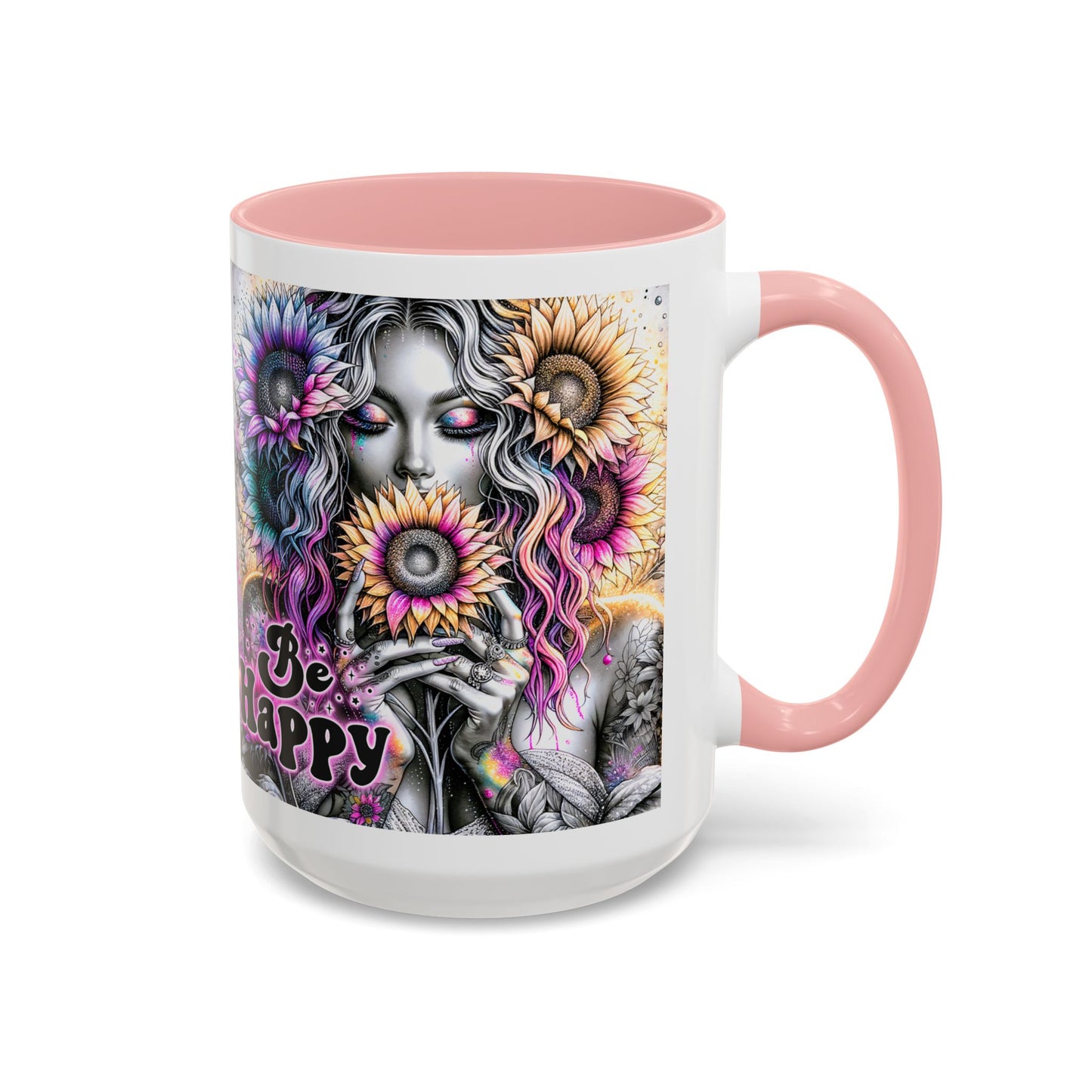 Floral Accent Mug - 'Be Happy' 15oz