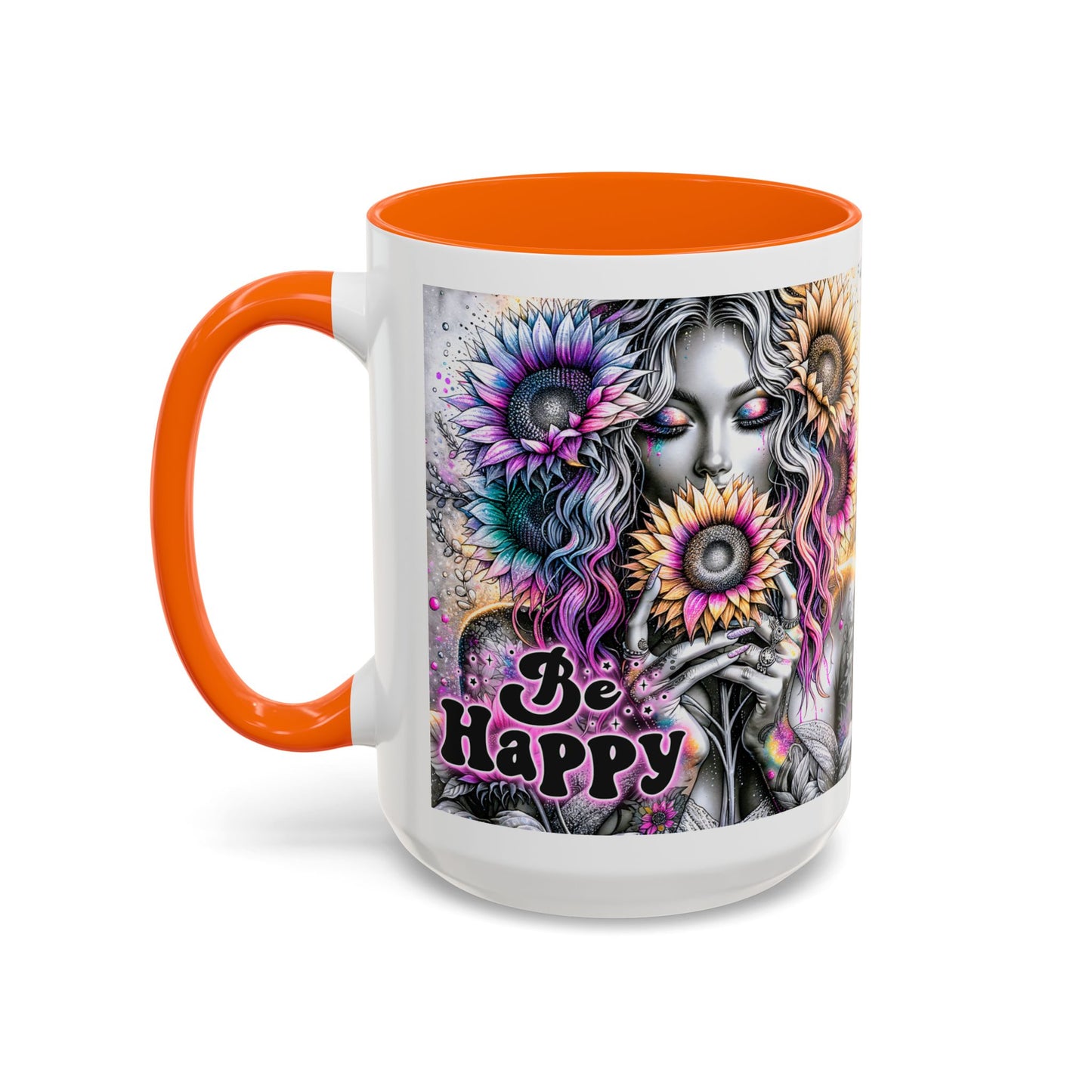 Floral Accent Mug - 'Be Happy' 15oz