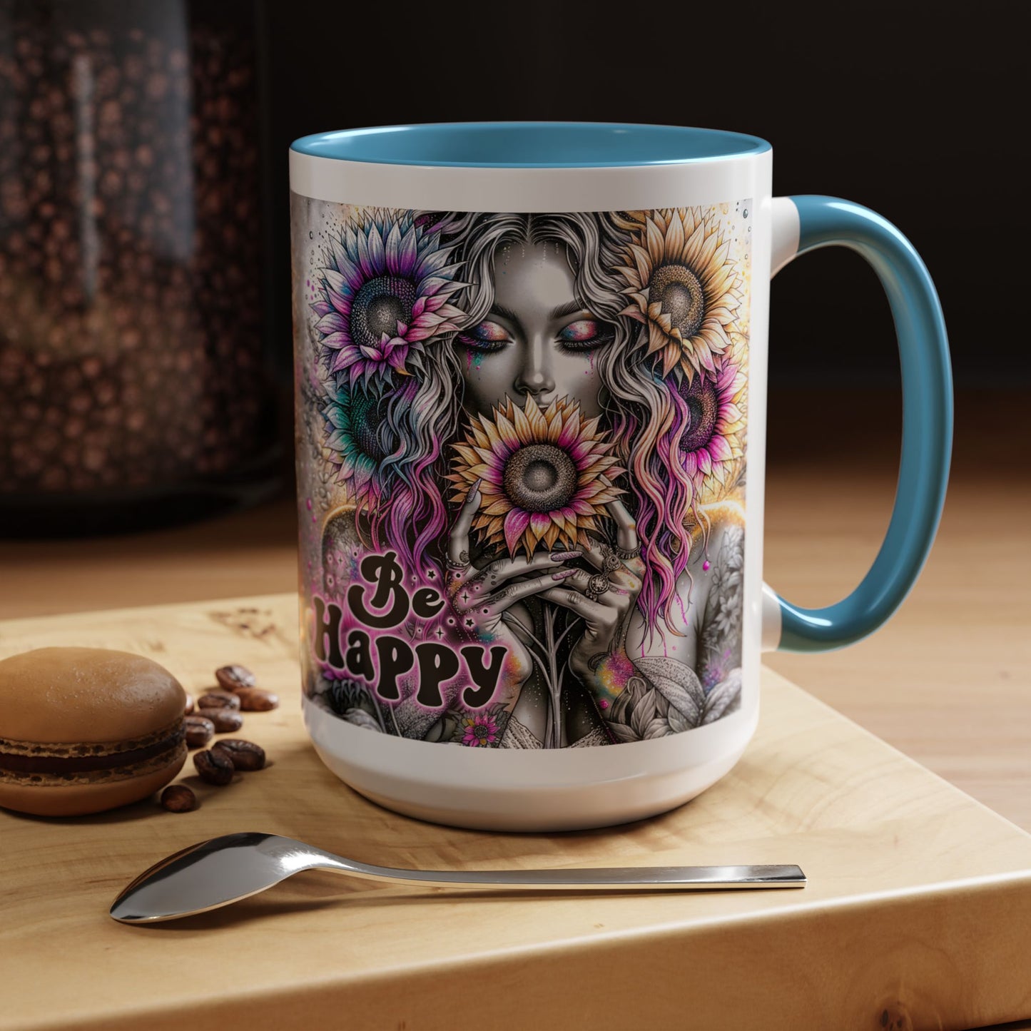 Floral Accent Mug - 'Be Happy' 15oz
