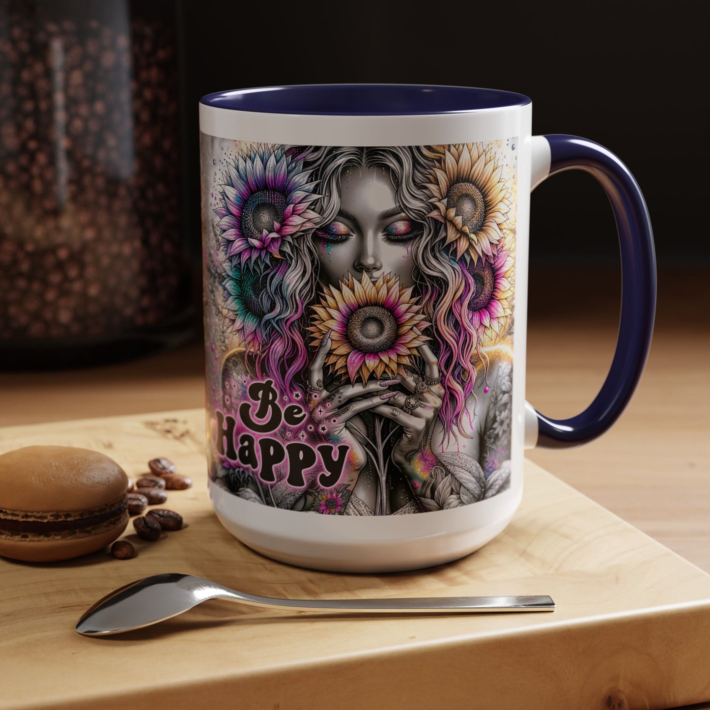 Floral Accent Mug - 'Be Happy' 15oz