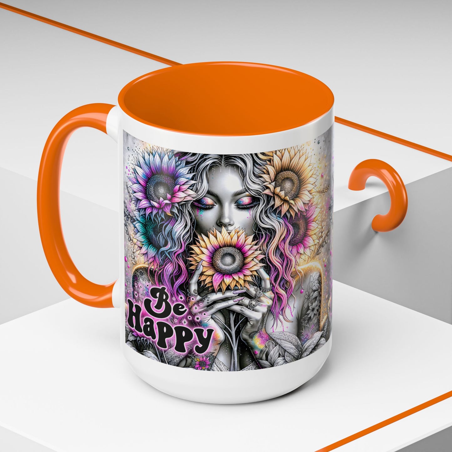Floral Accent Mug - 'Be Happy' 15oz