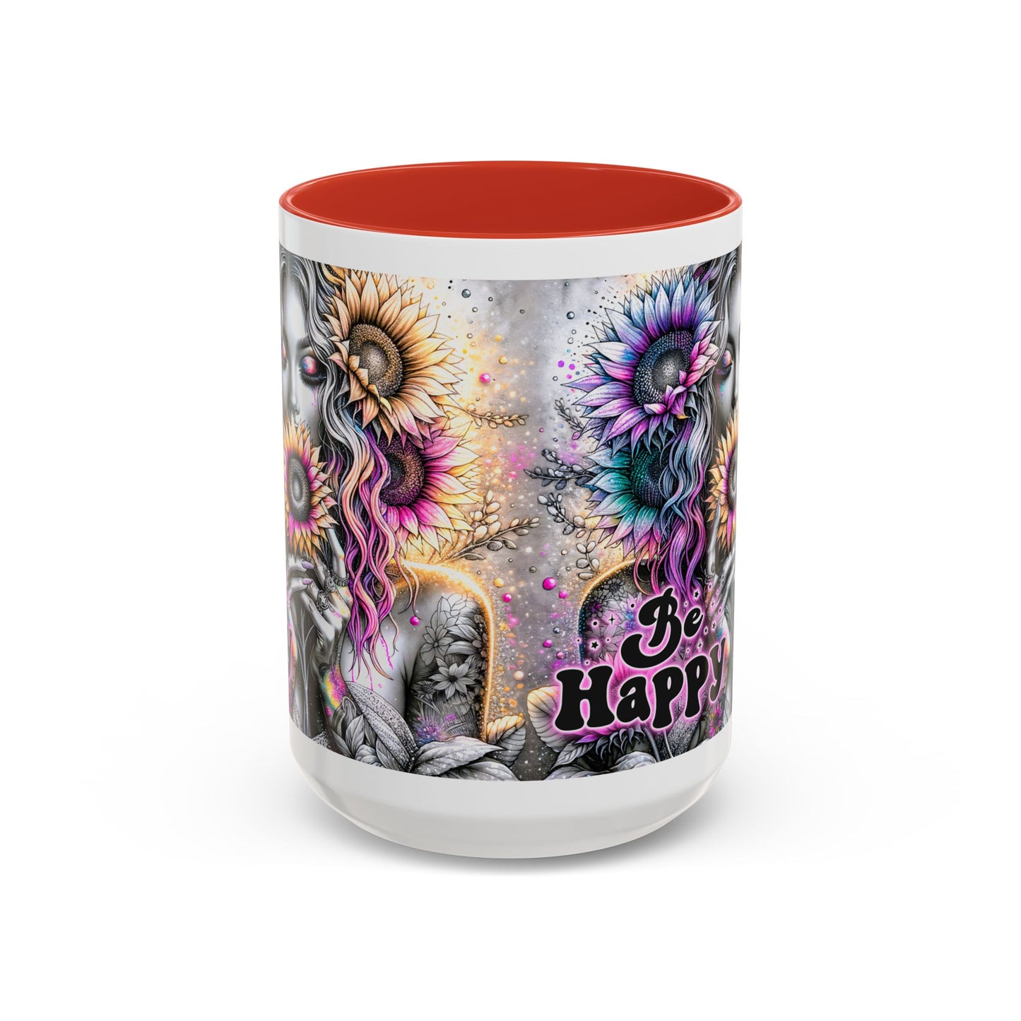 Floral Accent Mug - 'Be Happy' 15oz