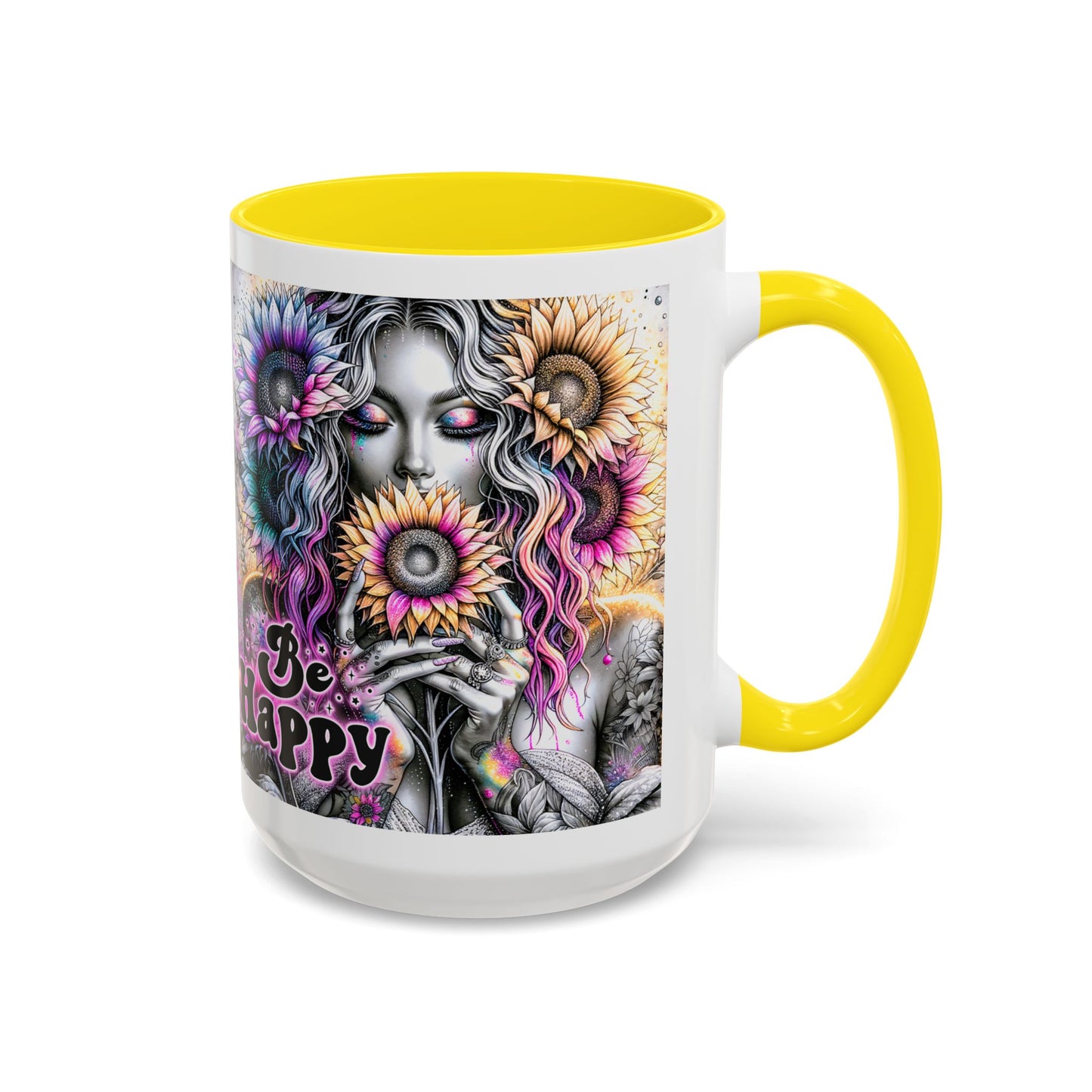 Floral Accent Mug - 'Be Happy' 15oz
