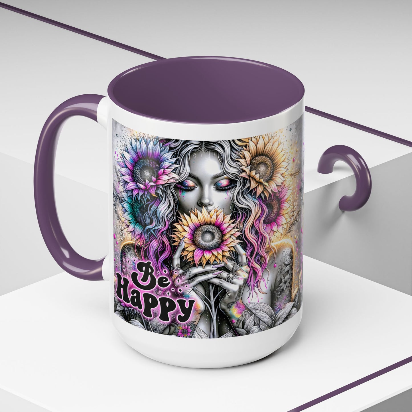 Floral Accent Mug - 'Be Happy' 15oz