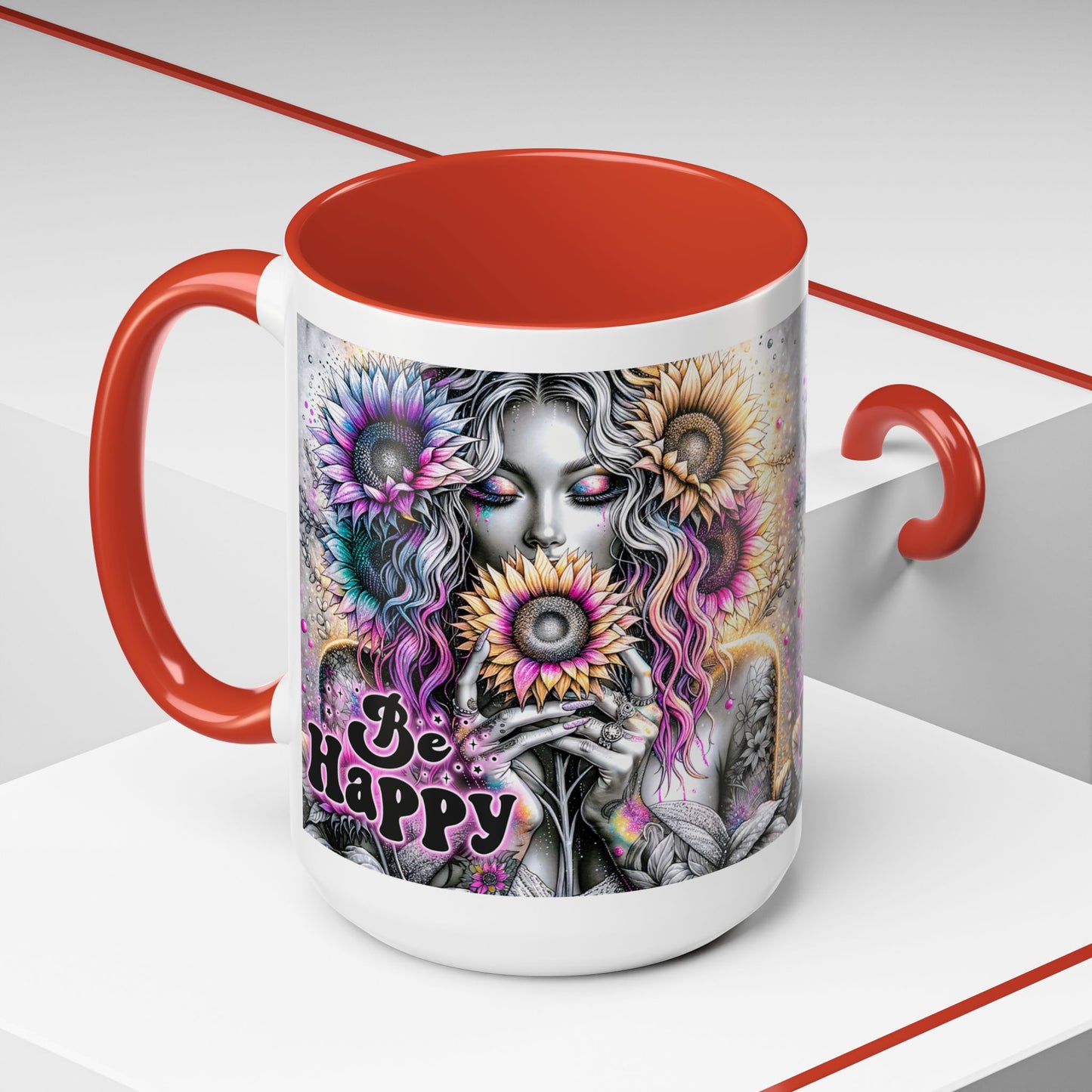 Floral Accent Mug - 'Be Happy' 15oz
