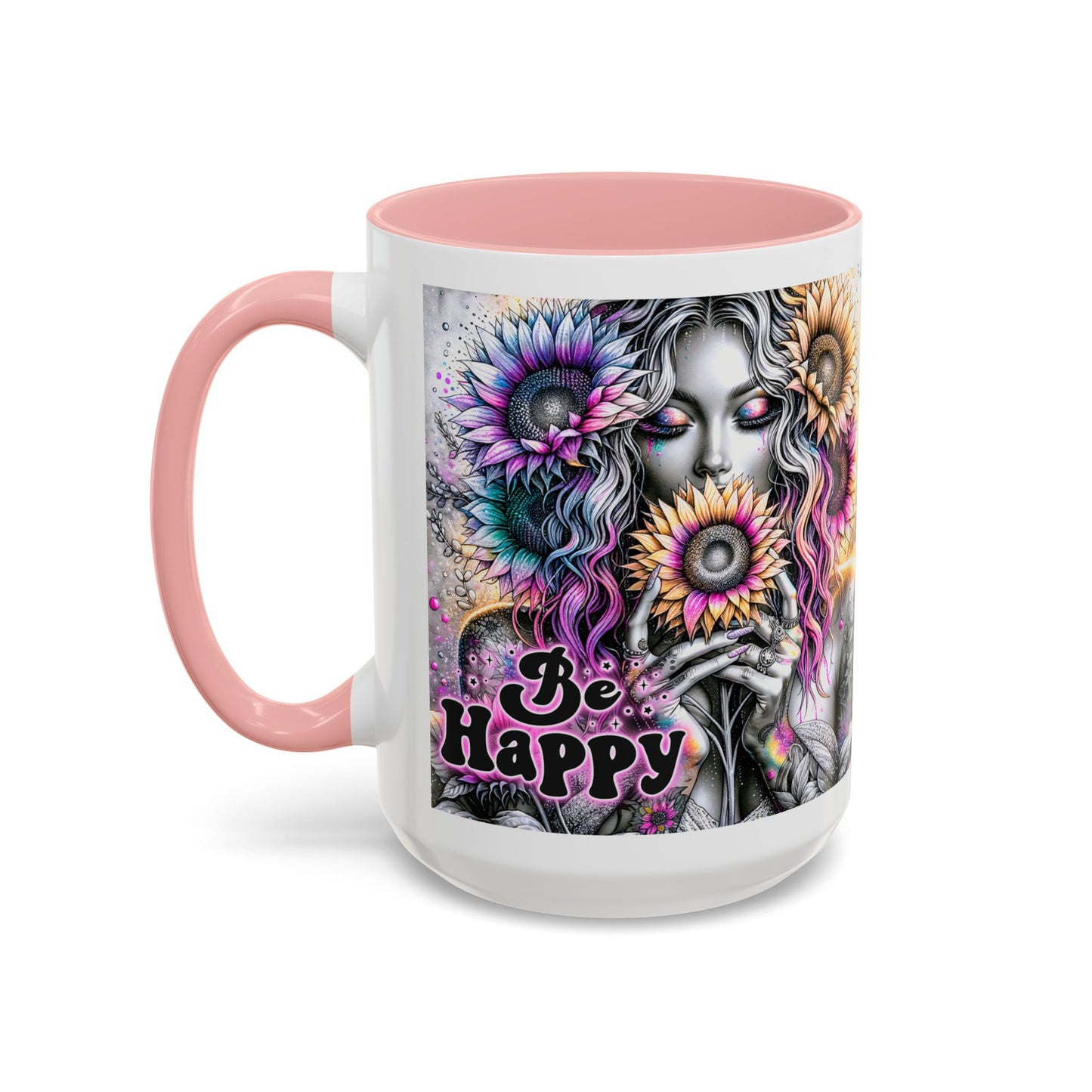 Floral Accent Mug - 'Be Happy' 15oz