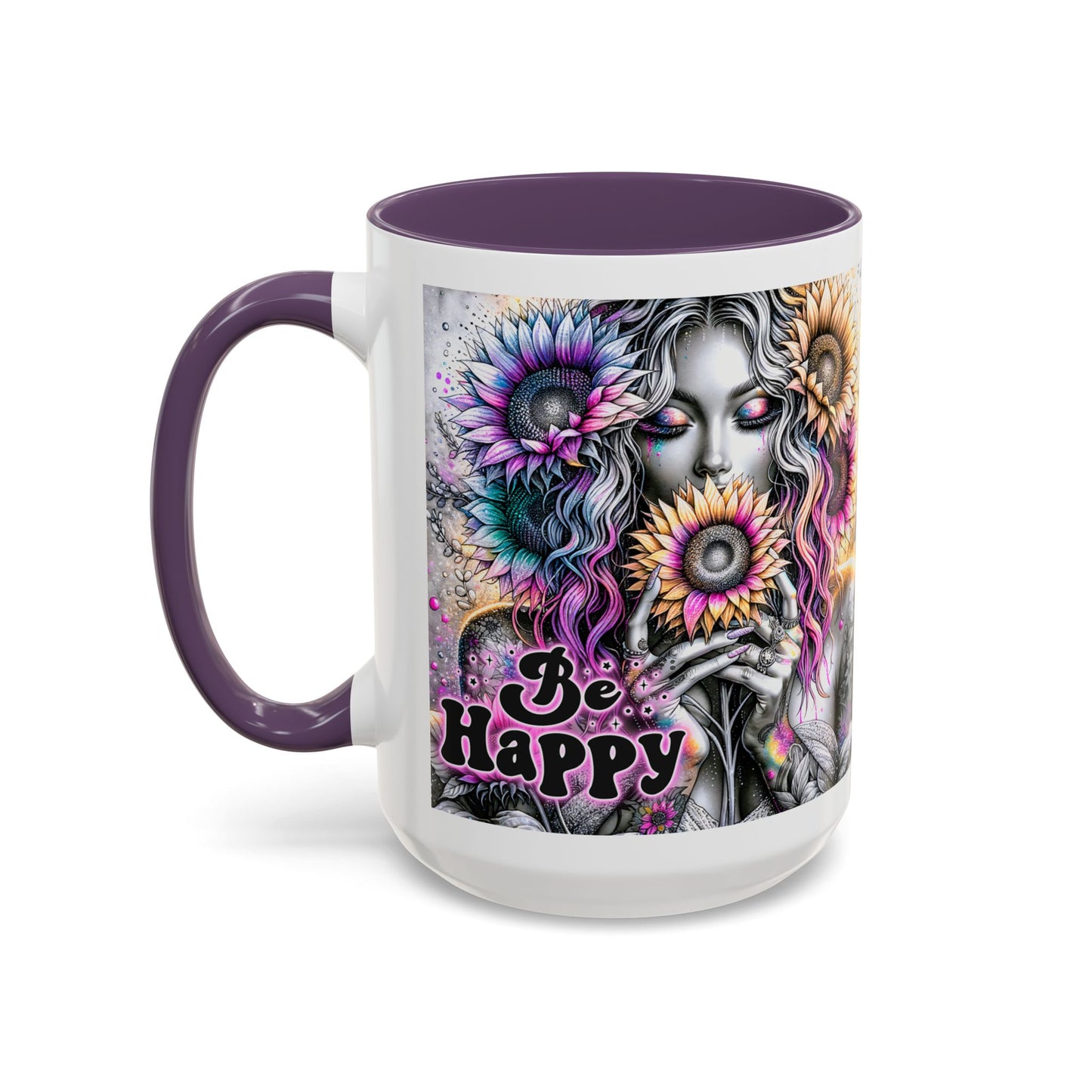 Floral Accent Mug - 'Be Happy' 15oz