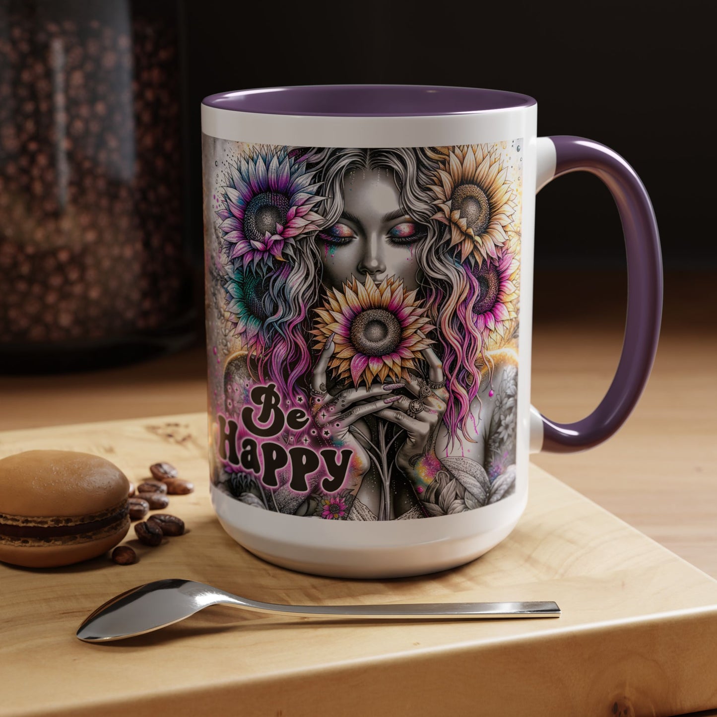 Floral Accent Mug - 'Be Happy' 15oz