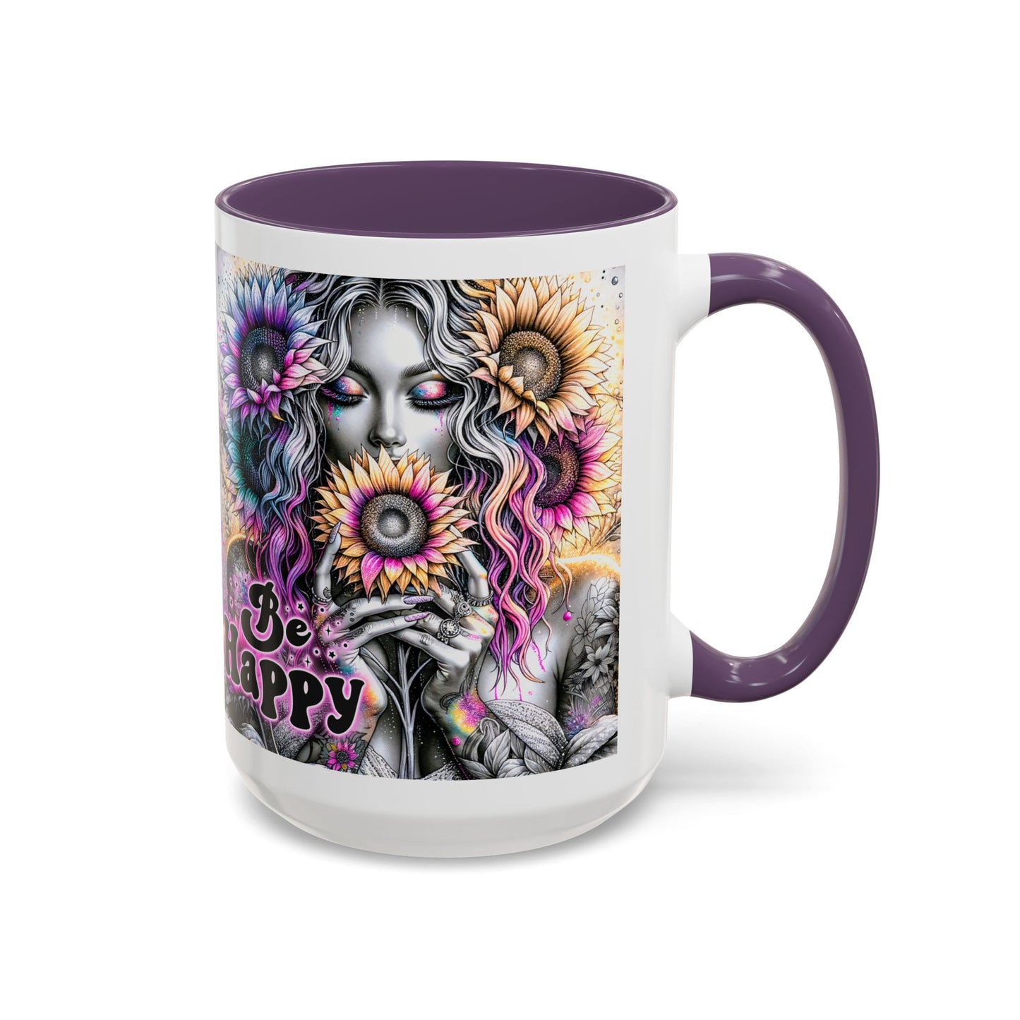 Floral Accent Mug - 'Be Happy' 15oz