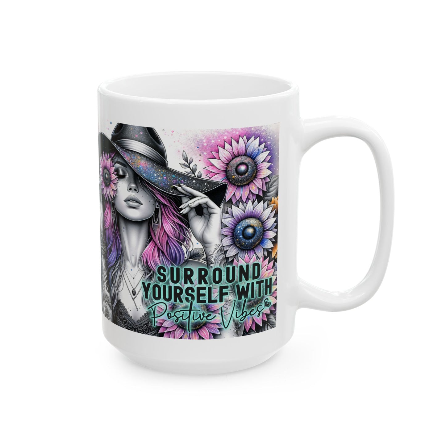 Surround Yourself With Positive Vibes Ceramic Mug - Colorful Floral Design - Ideal Gift for Coffee Lovers