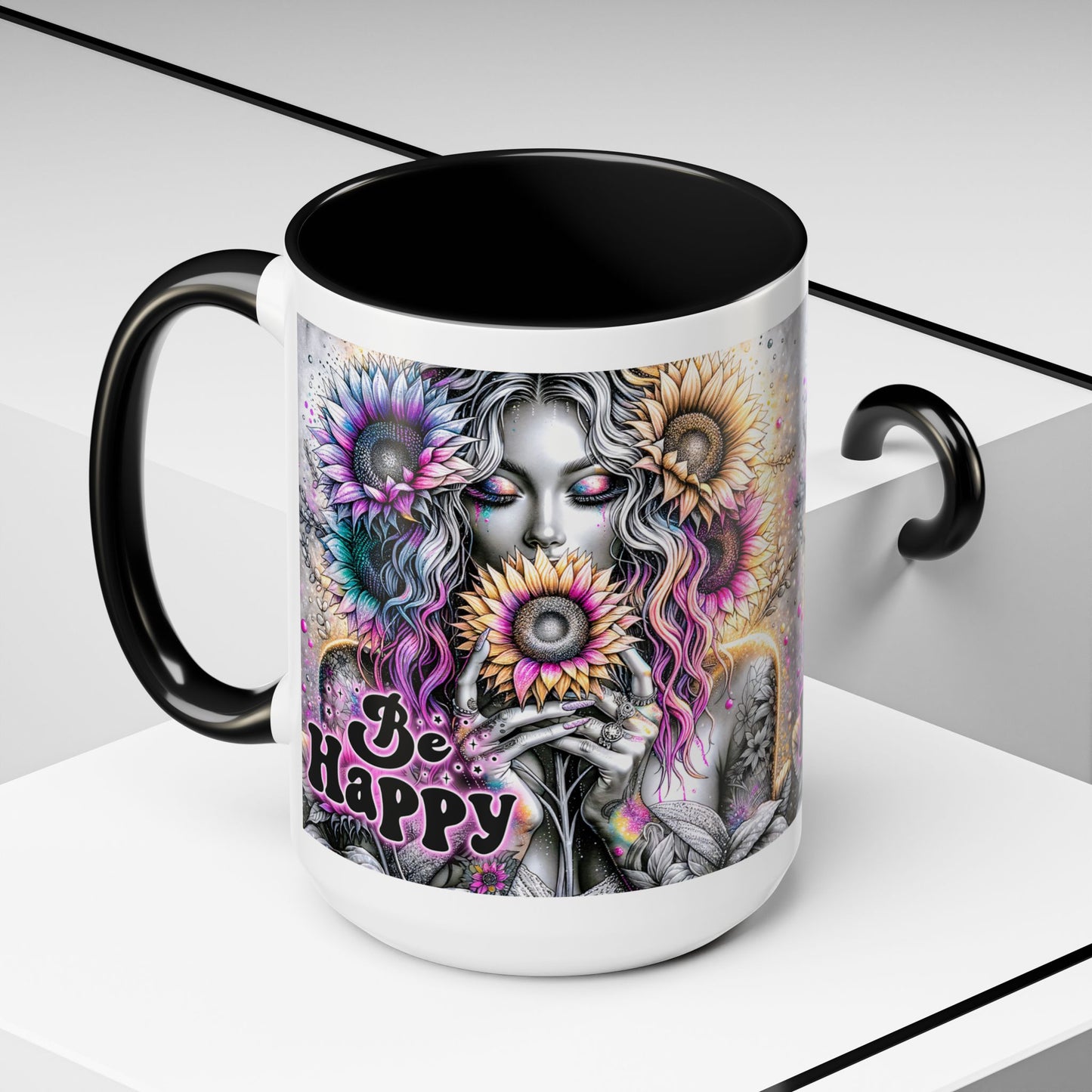 Floral Accent Mug - 'Be Happy' 15oz