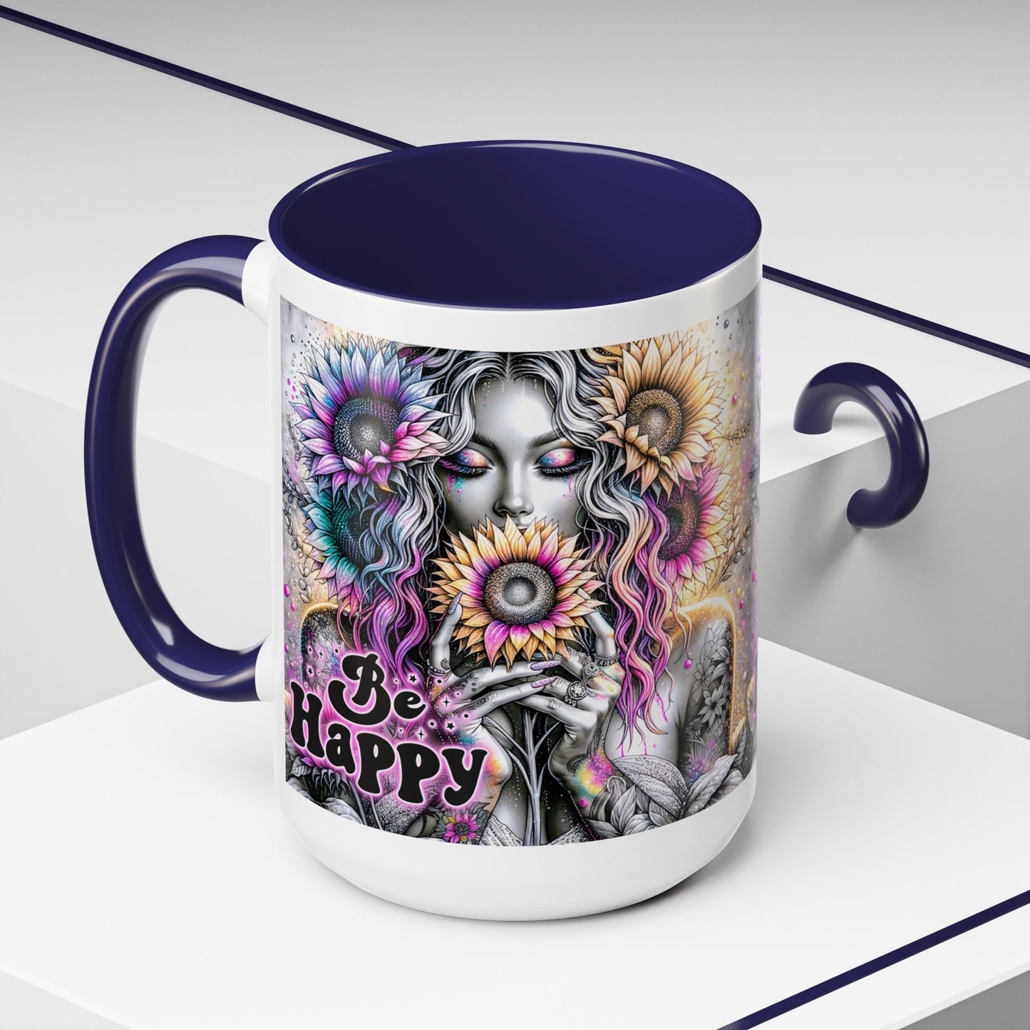 Floral Accent Mug - 'Be Happy' 15oz