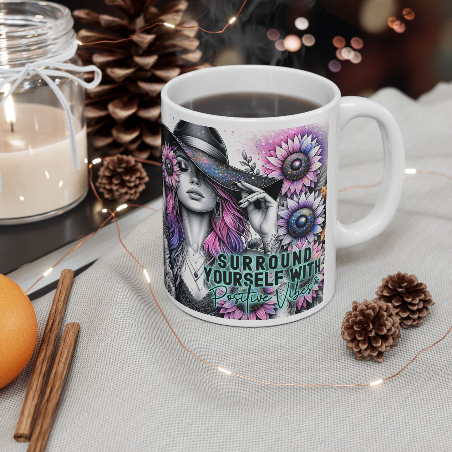 Surround Yourself With Positive Vibes Ceramic Mug - Colorful Floral Design - Ideal Gift for Coffee Lovers
