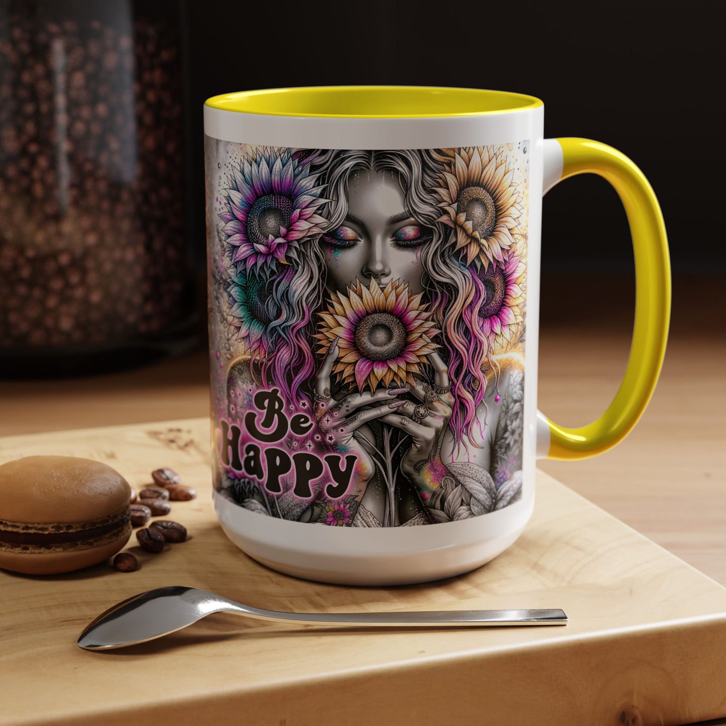 Floral Accent Mug - 'Be Happy' 15oz