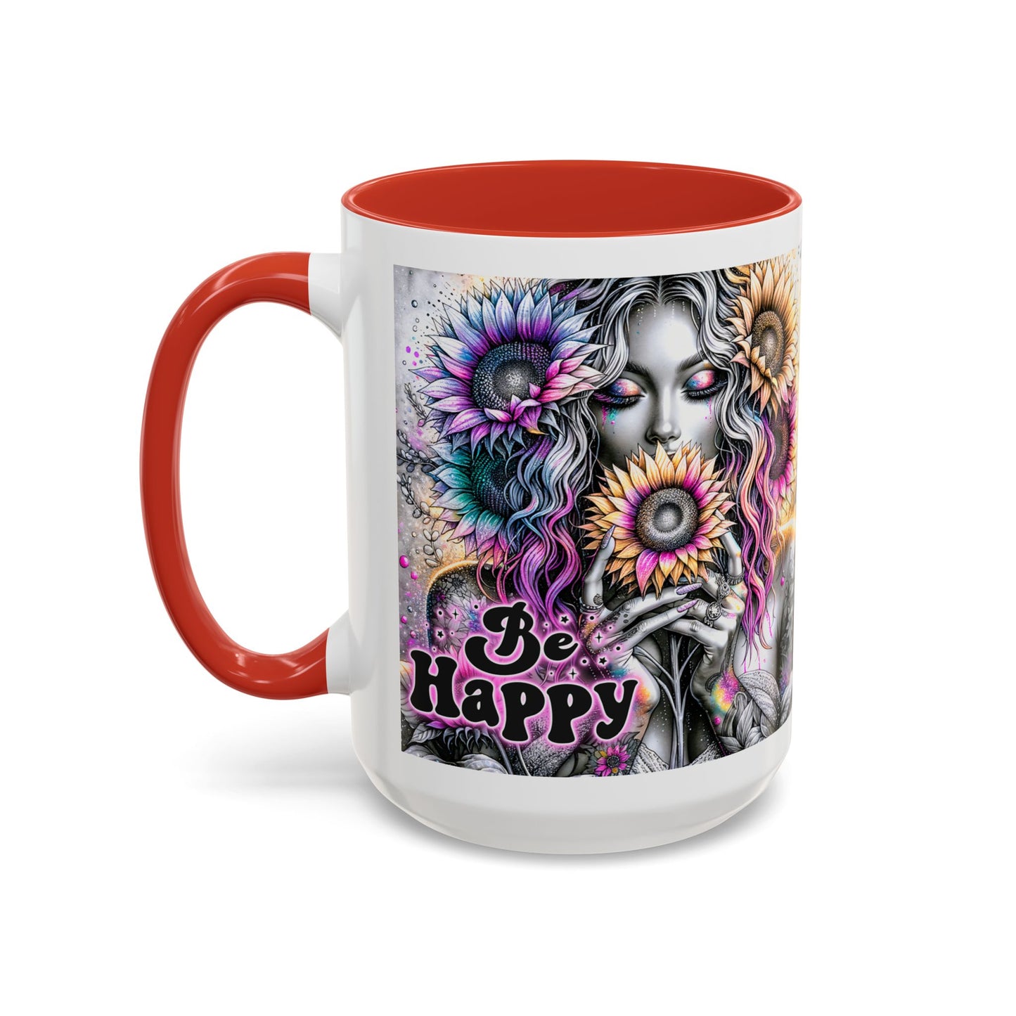 Floral Accent Mug - 'Be Happy' 15oz