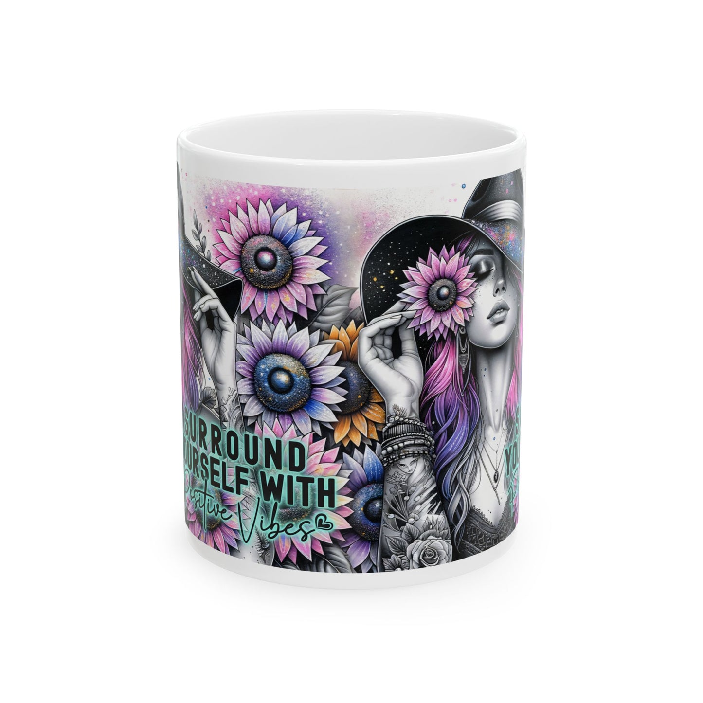 Surround Yourself With Positive Vibes Ceramic Mug - Colorful Floral Design - Ideal Gift for Coffee Lovers