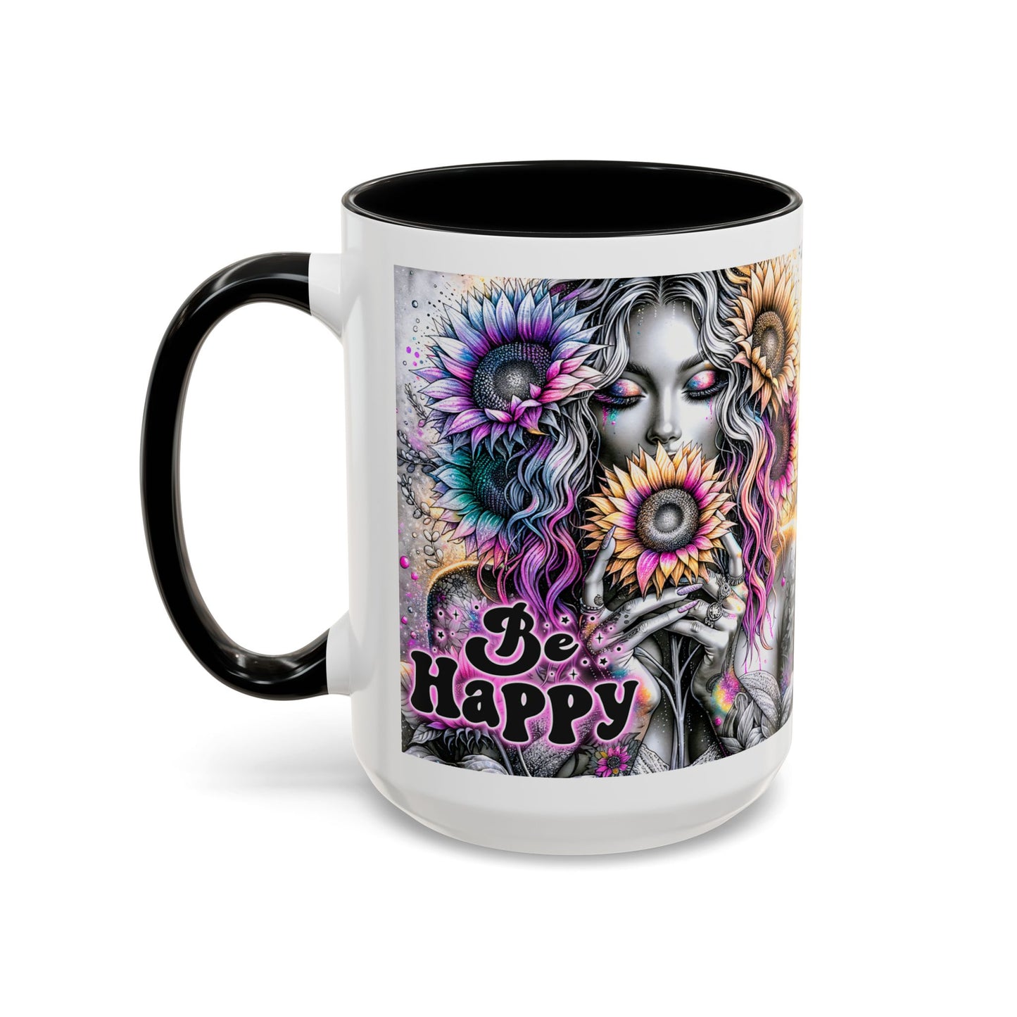 Floral Accent Mug - 'Be Happy' 15oz
