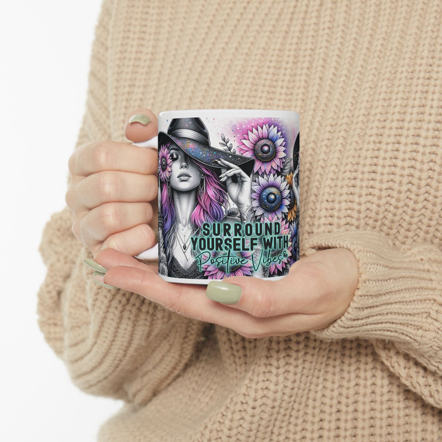 Surround Yourself With Positive Vibes Ceramic Mug - Colorful Floral Design - Ideal Gift for Coffee Lovers