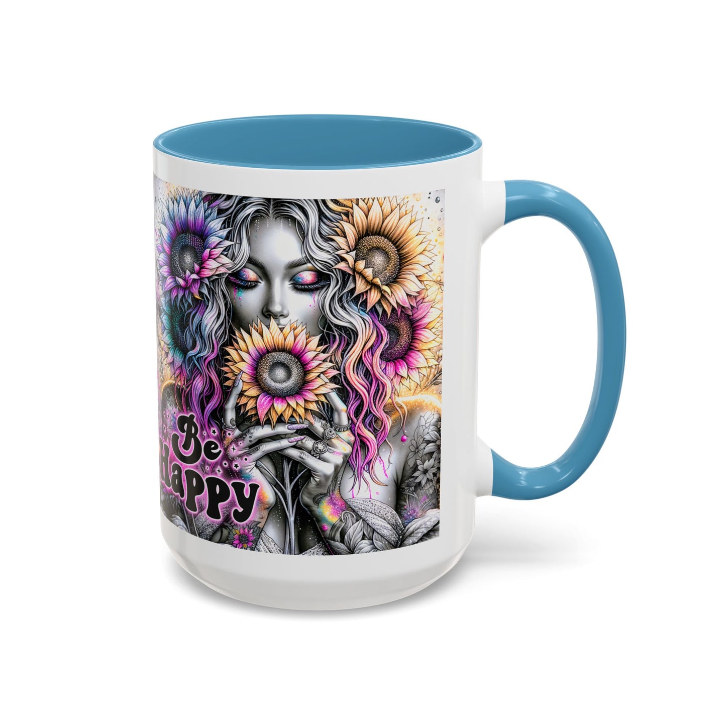 Floral Accent Mug - 'Be Happy' 15oz