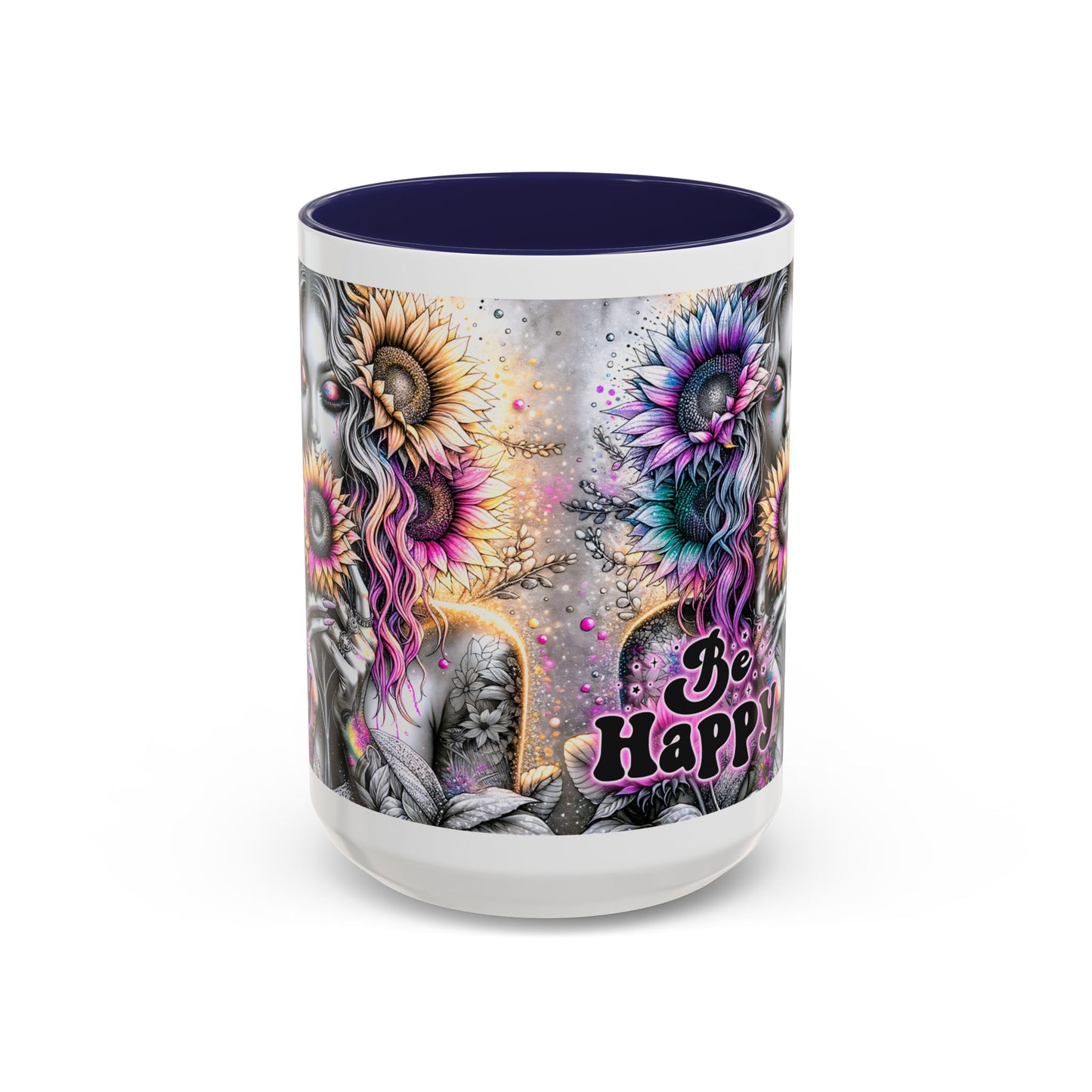 Floral Accent Mug - 'Be Happy' 15oz
