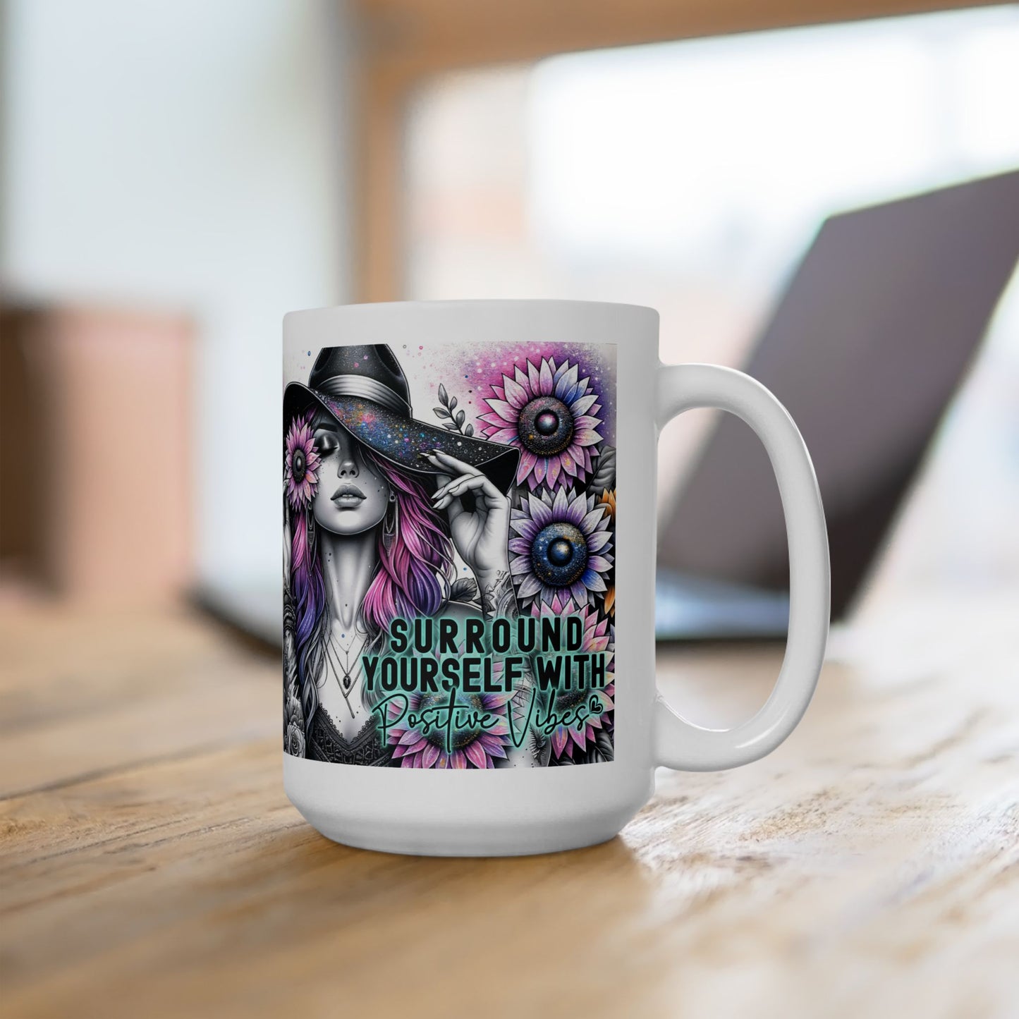 Surround Yourself With Positive Vibes Ceramic Mug - Colorful Floral Design - Ideal Gift for Coffee Lovers