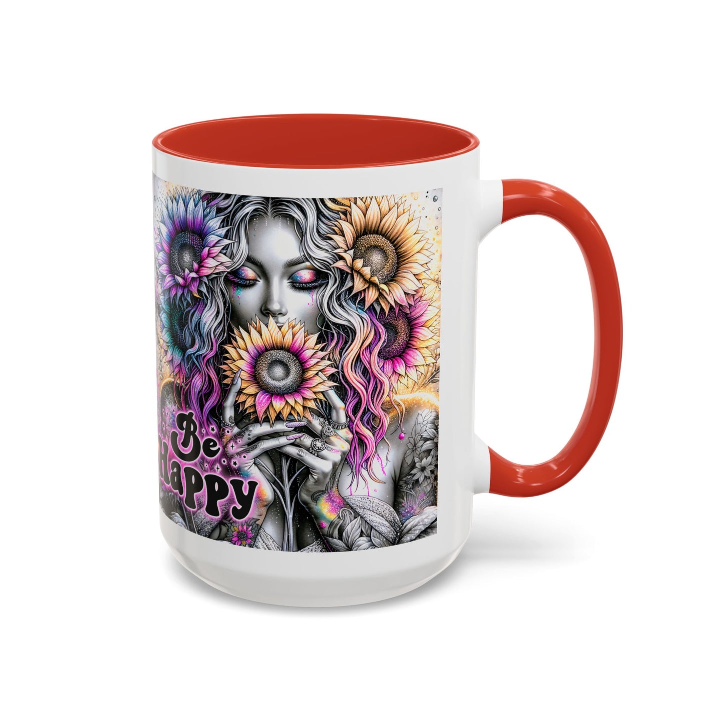 Floral Accent Mug - 'Be Happy' 15oz