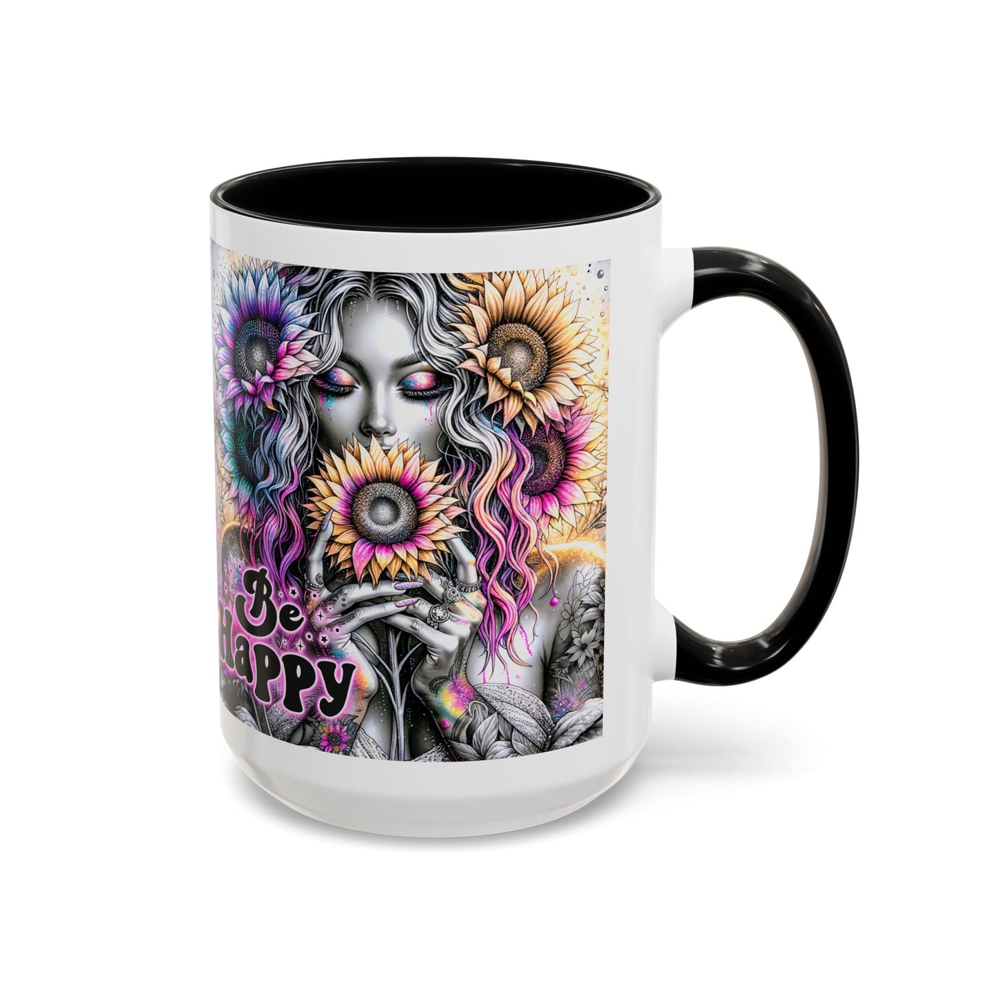 Floral Accent Mug - 'Be Happy' 15oz