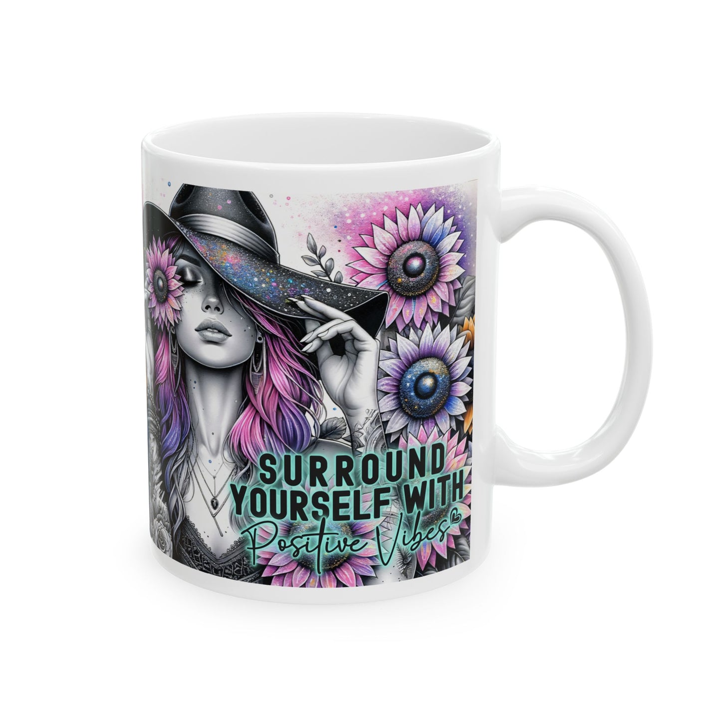 Surround Yourself With Positive Vibes Ceramic Mug - Colorful Floral Design - Ideal Gift for Coffee Lovers