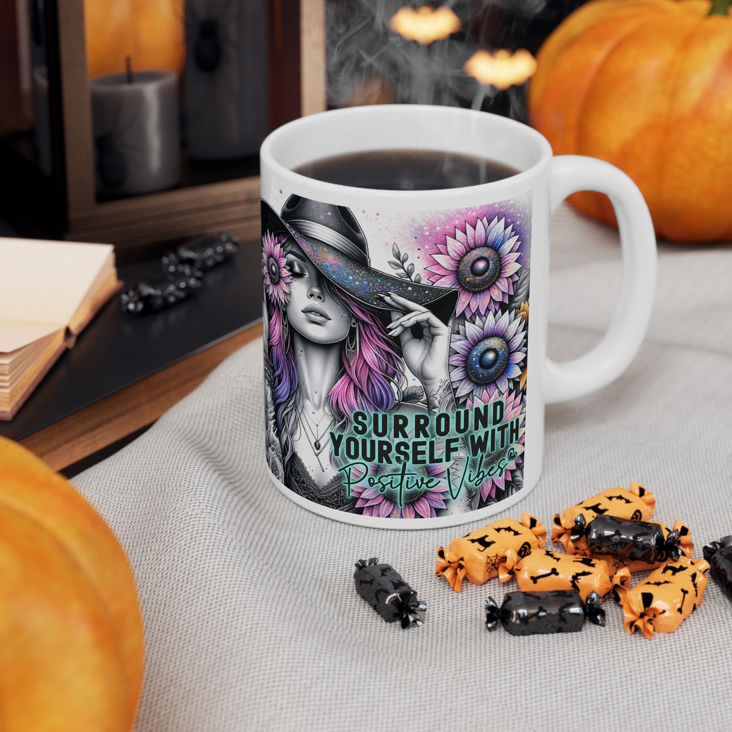 Surround Yourself With Positive Vibes Ceramic Mug - Colorful Floral Design - Ideal Gift for Coffee Lovers