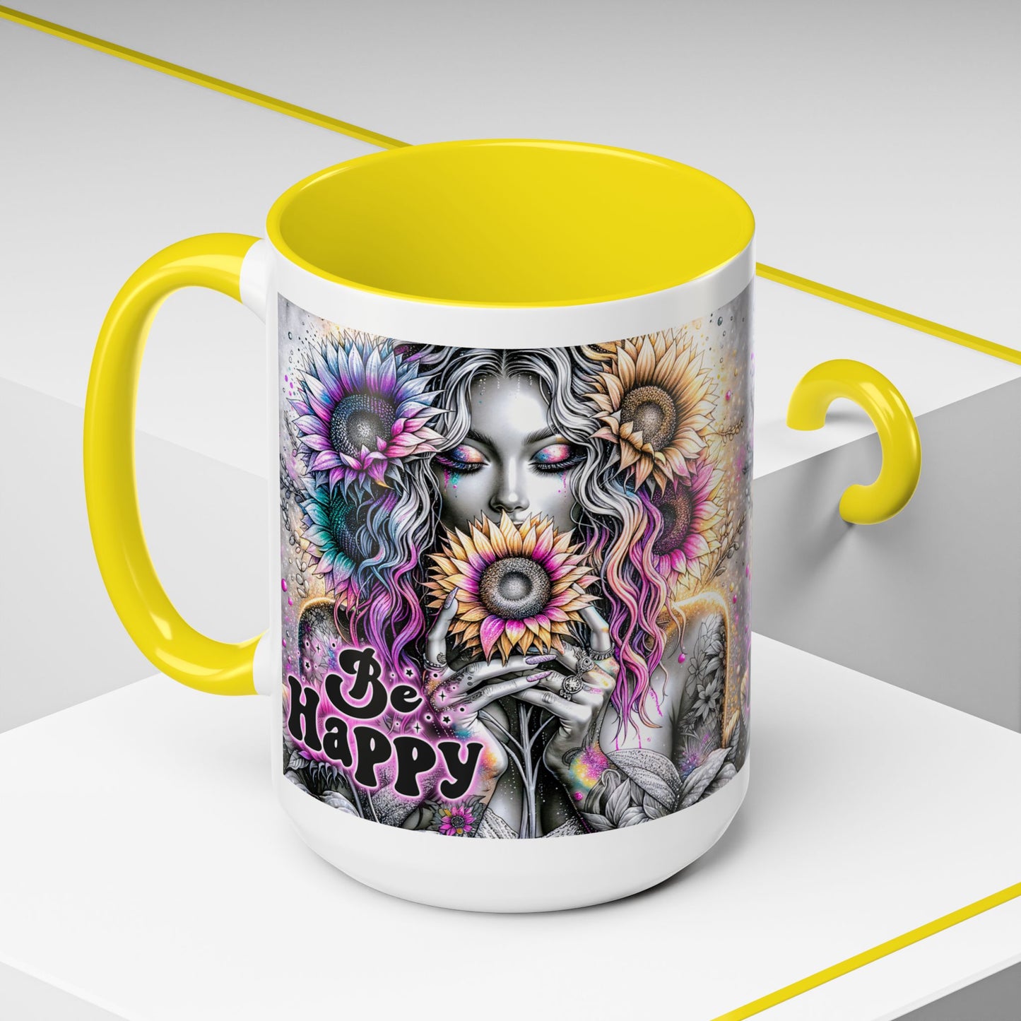 Floral Accent Mug - 'Be Happy' 15oz