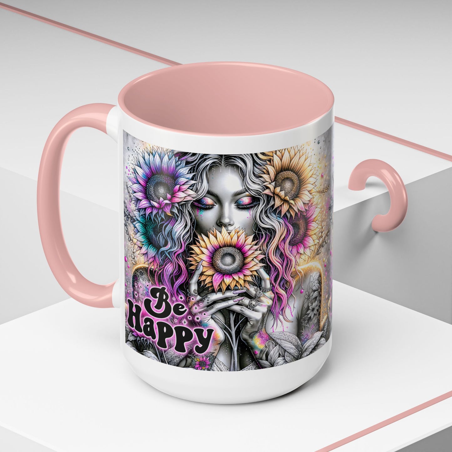 Floral Accent Mug - 'Be Happy' 15oz