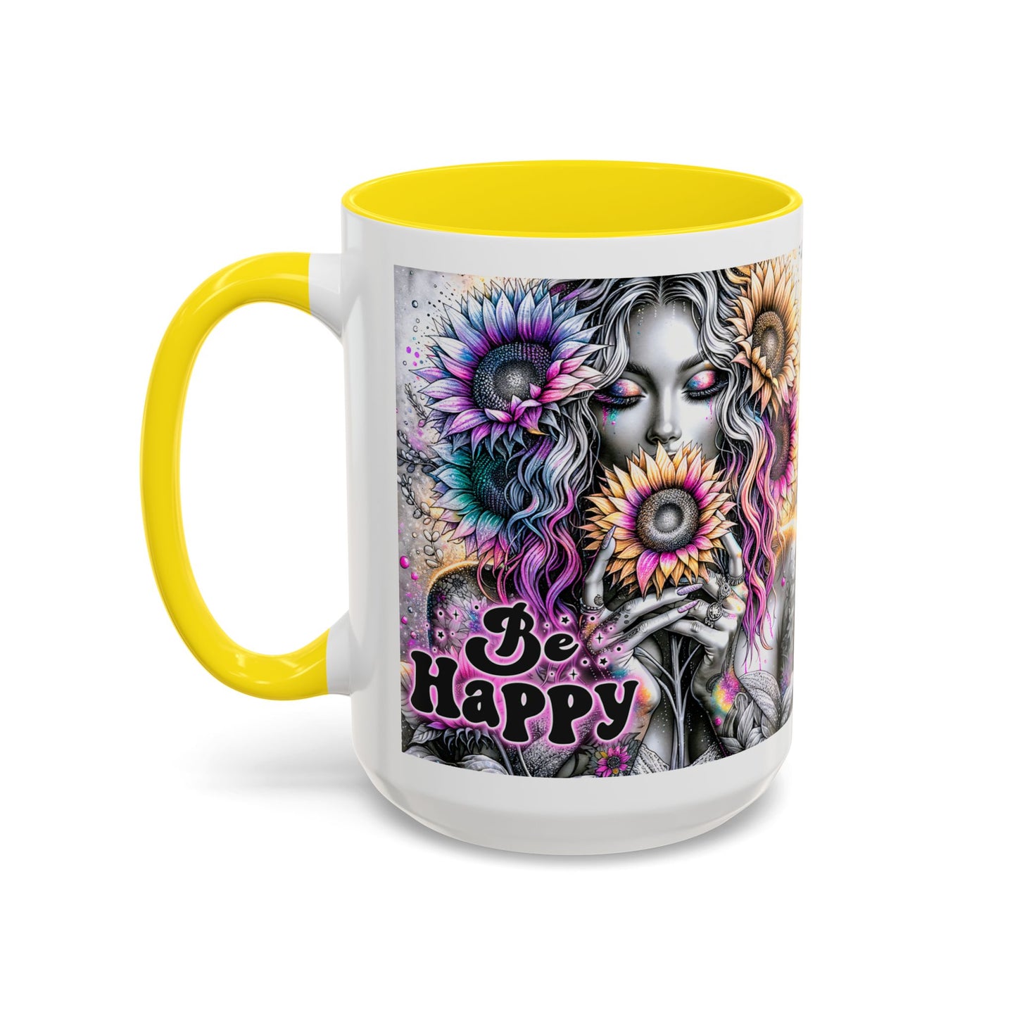 Floral Accent Mug - 'Be Happy' 15oz