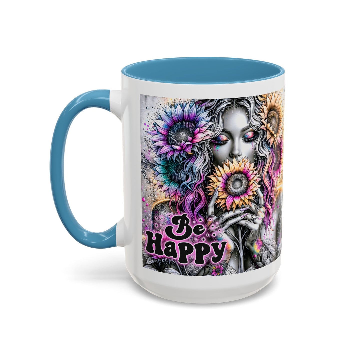 Floral Accent Mug - 'Be Happy' 15oz