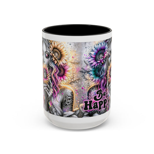 Floral Accent Mug - 'Be Happy' 15oz