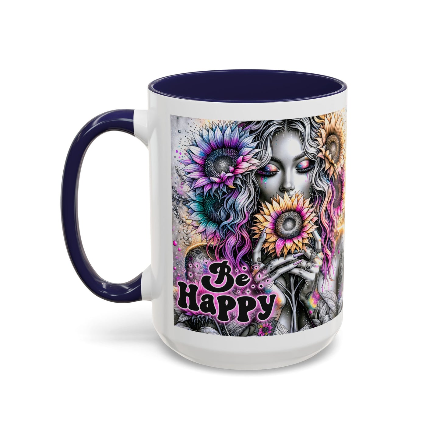 Floral Accent Mug - 'Be Happy' 15oz