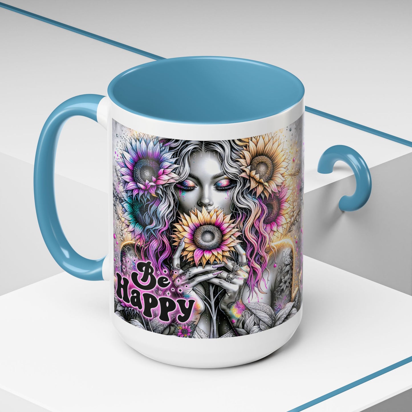 Floral Accent Mug - 'Be Happy' 15oz