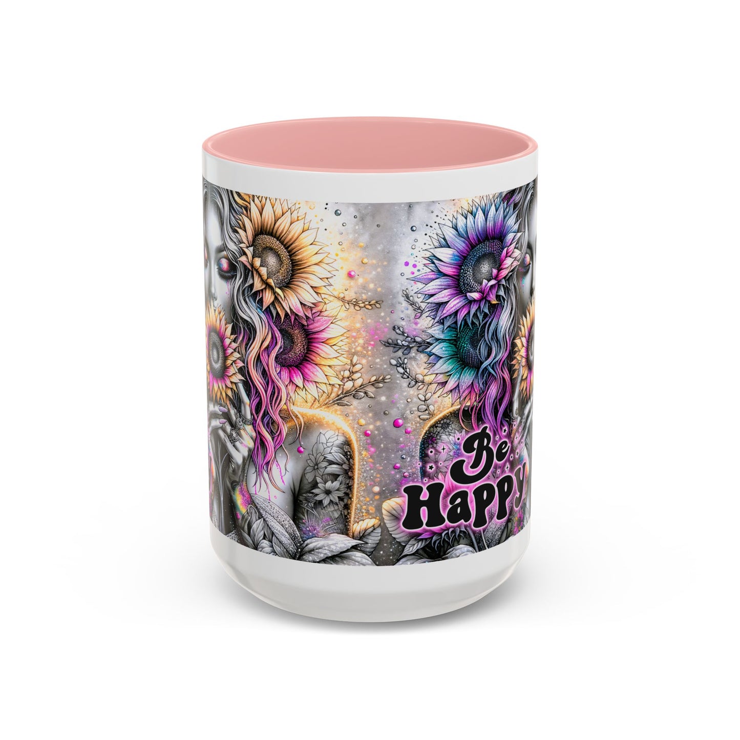 Floral Accent Mug - 'Be Happy' 15oz