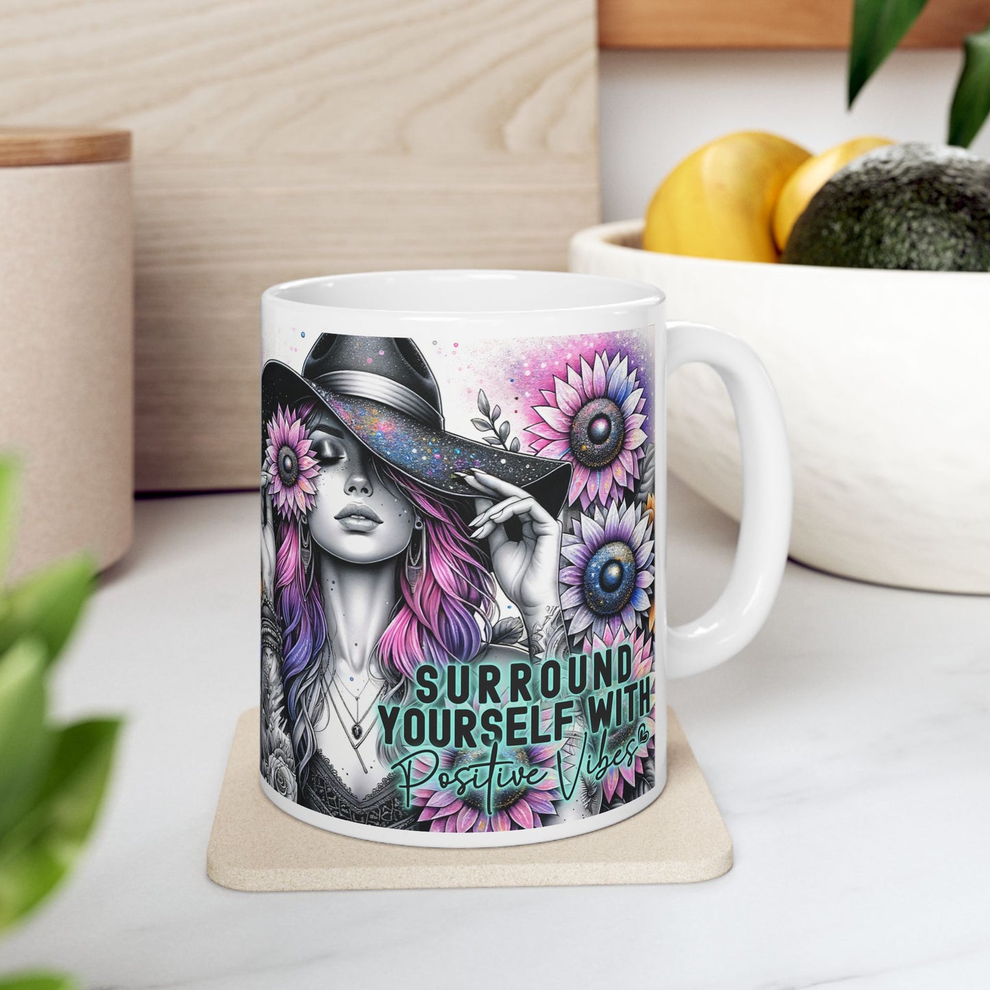 Surround Yourself With Positive Vibes Ceramic Mug - Colorful Floral Design - Ideal Gift for Coffee Lovers