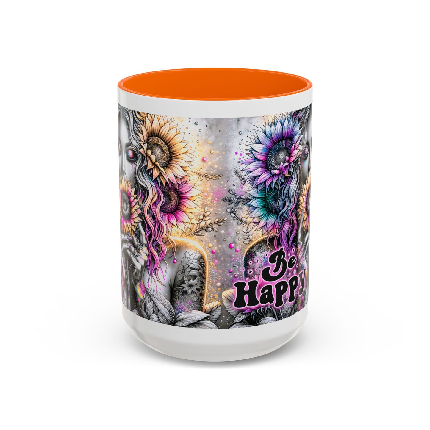 Floral Accent Mug - 'Be Happy' 15oz