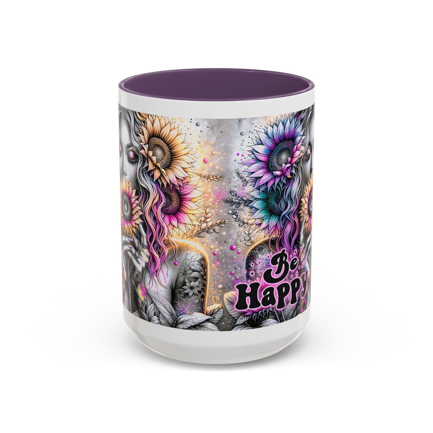 Floral Accent Mug - 'Be Happy' 15oz