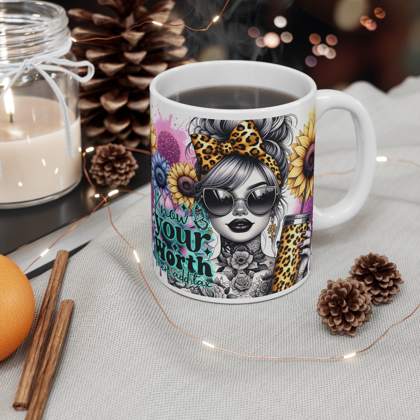 "Know Your Worth" Design - 11oz Empowering Floral Ceramic Mug