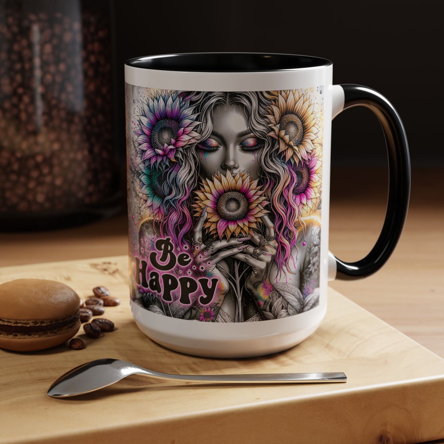 Floral Accent Mug - 'Be Happy' 15oz