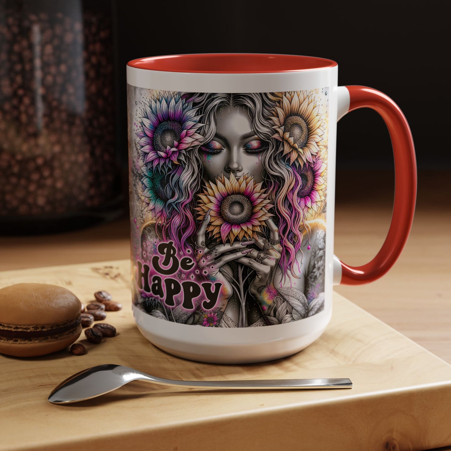 Floral Accent Mug - 'Be Happy' 15oz