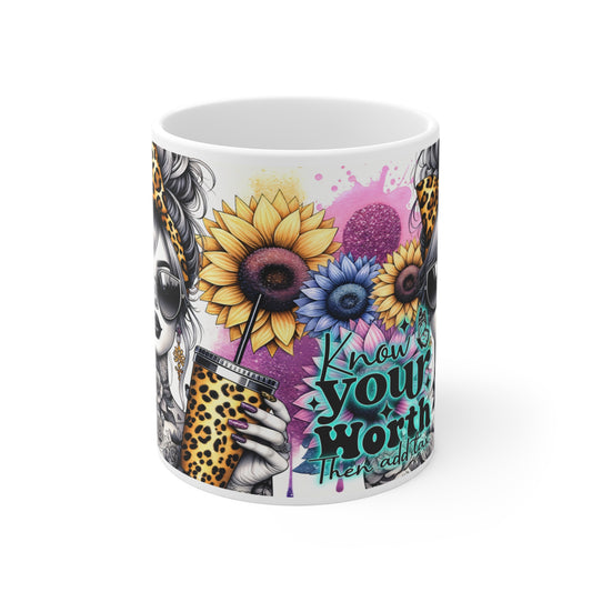 "Know Your Worth" Design - 11oz Empowering Floral Ceramic Mug
