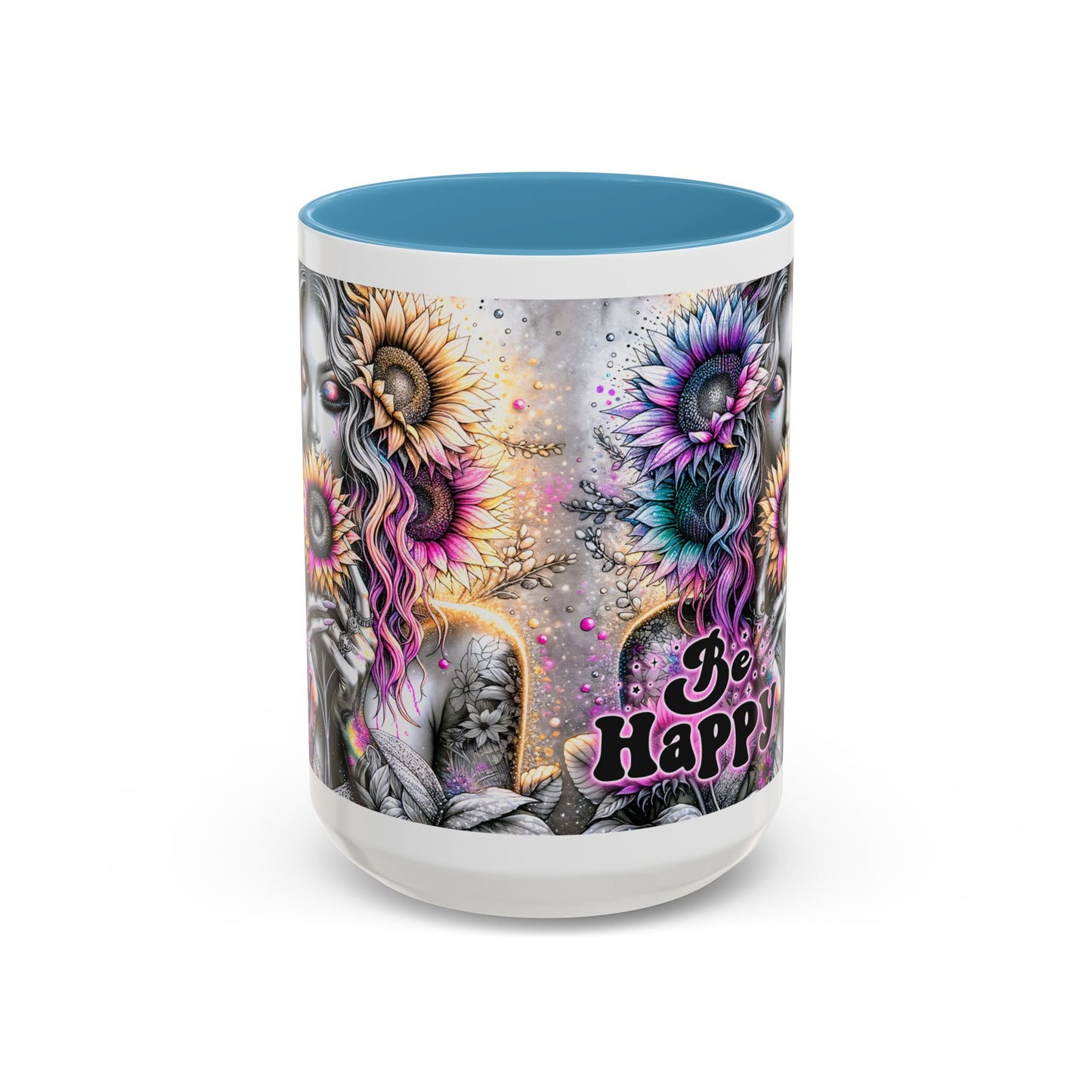 Floral Accent Mug - 'Be Happy' 15oz