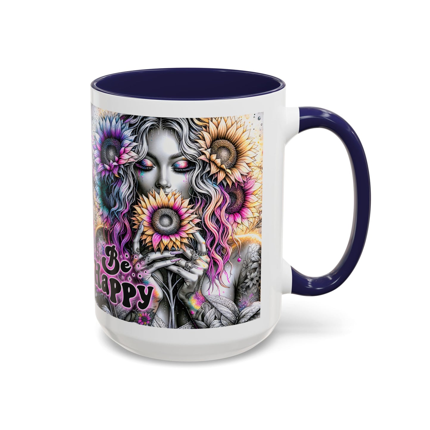 Floral Accent Mug - 'Be Happy' 15oz